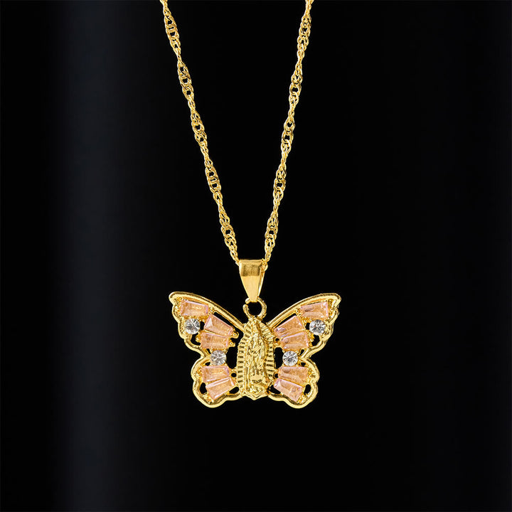 Spiritual Rebirth Butterfly Necklace: Our Lady Center & Crystal Wing Twisted Rope Chain