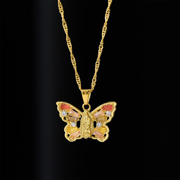 Spiritual Rebirth Butterfly Necklace: Our Lady Center & Crystal Wing Twisted Rope Chain