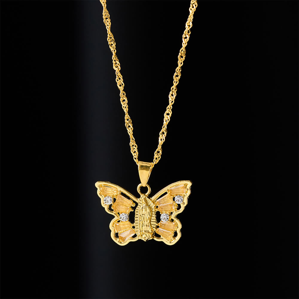Spiritual Rebirth Butterfly Necklace: Our Lady Center & Crystal Wing Twisted Rope Chain