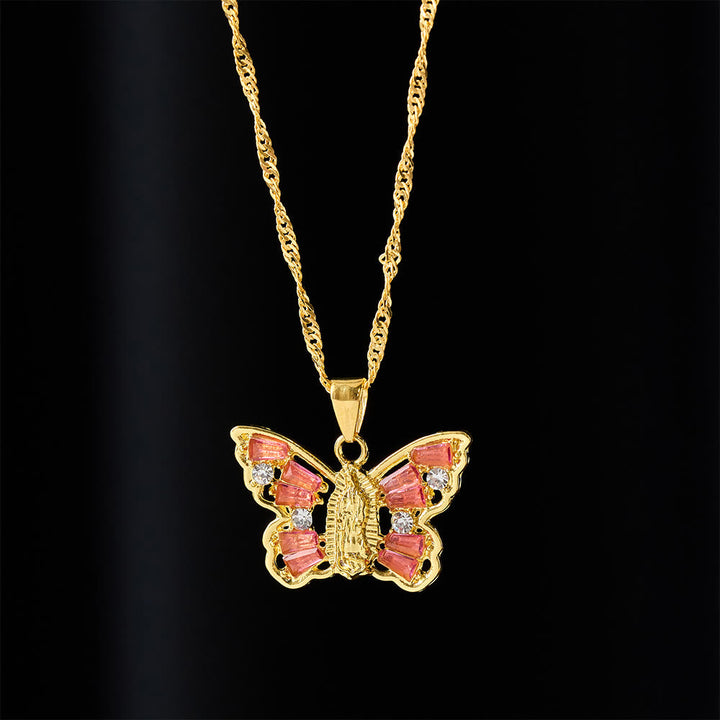 Spiritual Rebirth Butterfly Necklace: Our Lady Center & Crystal Wing Twisted Rope Chain