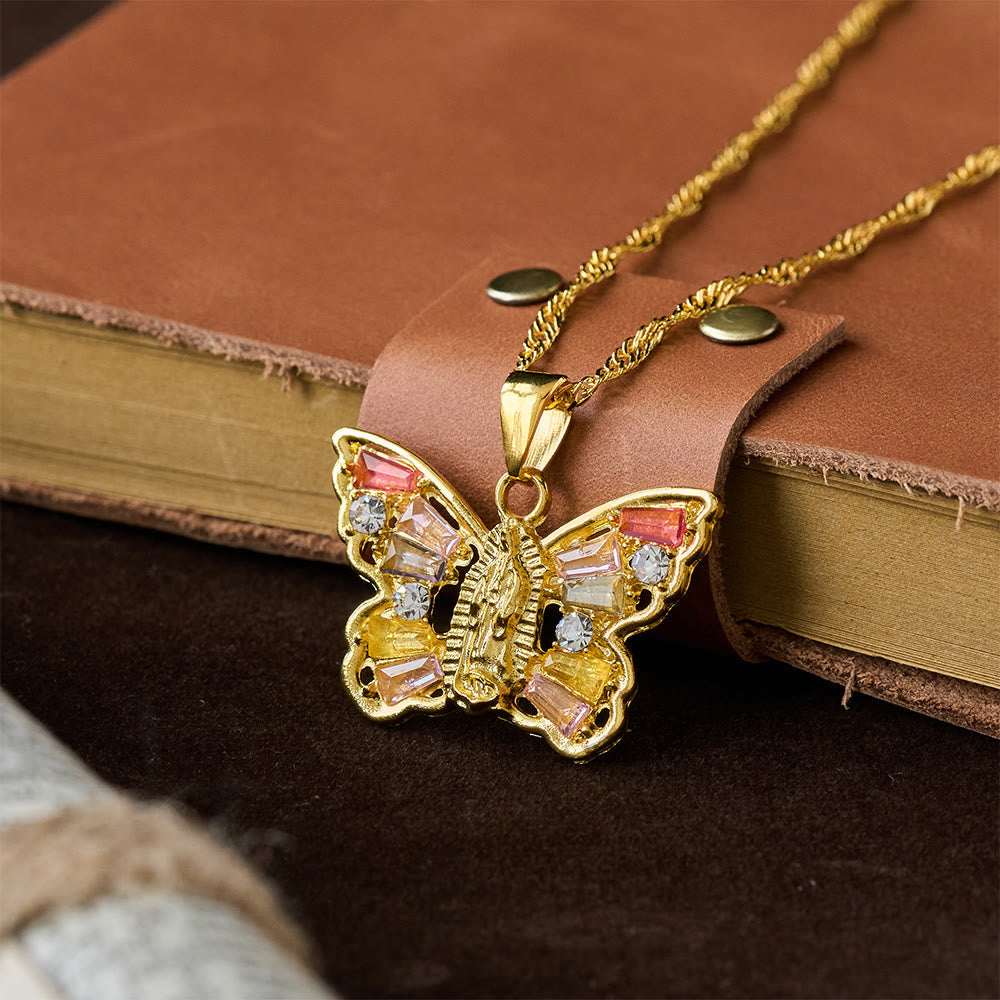 Spiritual Rebirth Butterfly Necklace: Our Lady Center & Crystal Wing Twisted Rope Chain
