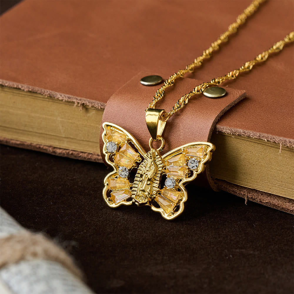 Spiritual Rebirth Butterfly Necklace: Our Lady Center & Crystal Wing Twisted Rope Chain
