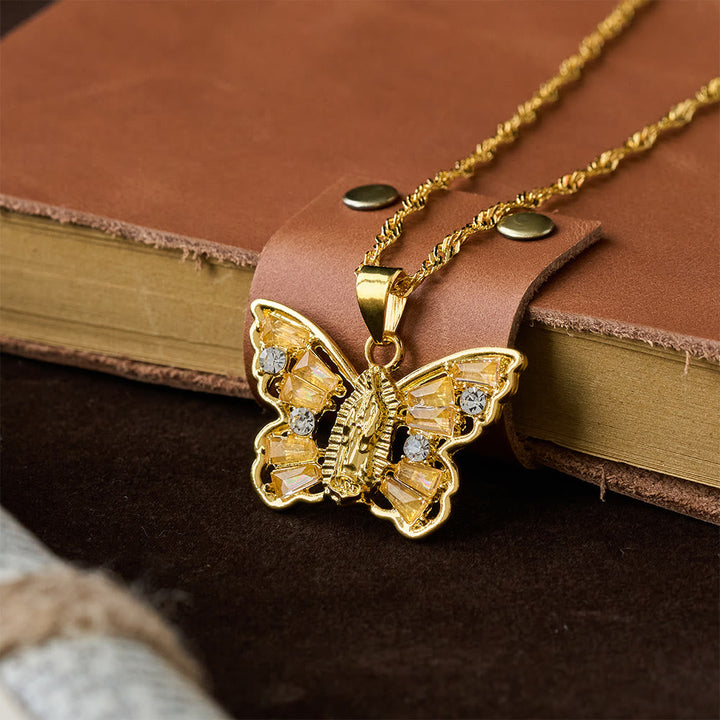 Spiritual Rebirth Butterfly Necklace: Our Lady Center & Crystal Wing Twisted Rope Chain