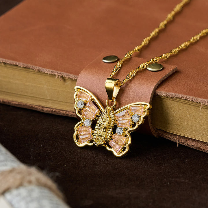 Spiritual Rebirth Butterfly Necklace: Our Lady Center & Crystal Wing Twisted Rope Chain