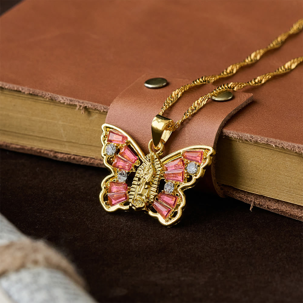 Spiritual Rebirth Butterfly Necklace: Our Lady Center & Crystal Wing Twisted Rope Chain