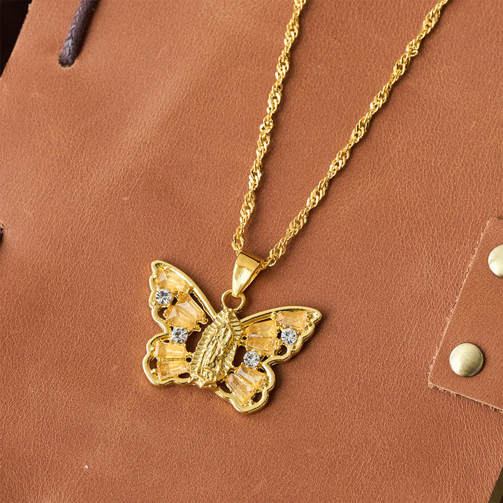 Spiritual Rebirth Butterfly Necklace: Our Lady Center & Crystal Wing Twisted Rope Chain