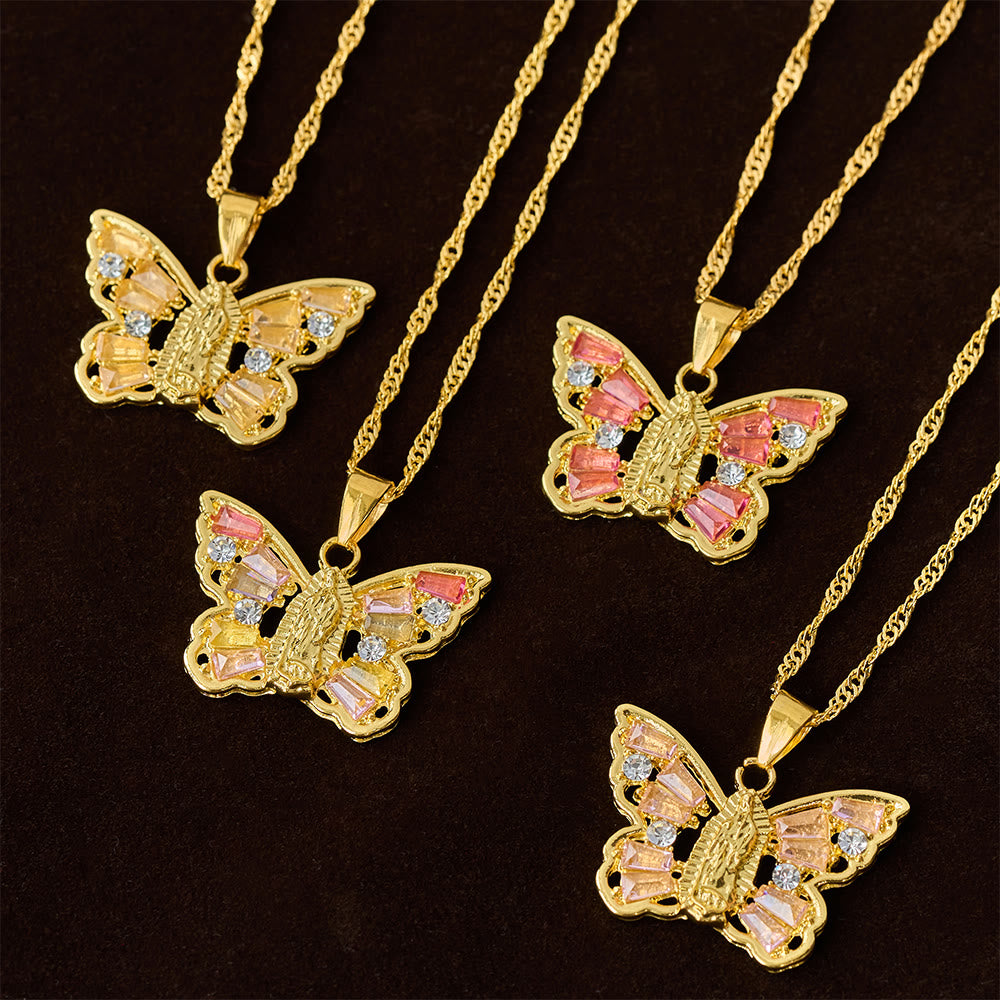 Spiritual Rebirth Butterfly Necklace: Our Lady Center & Crystal Wing Twisted Rope Chain