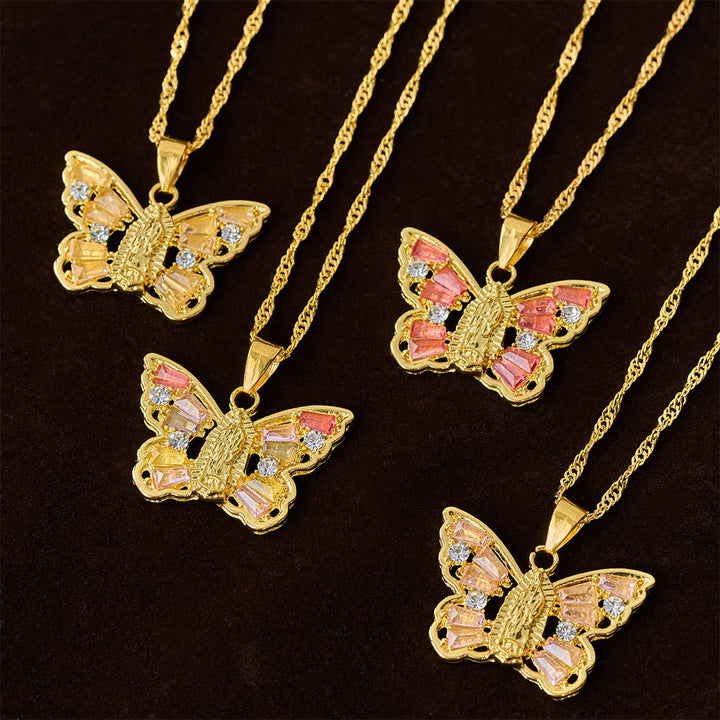 Spiritual Rebirth Butterfly Necklace: Our Lady Center & Crystal Wing Twisted Rope Chain