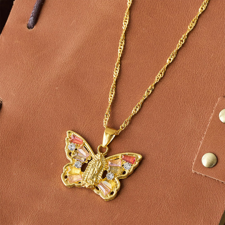 Spiritual Rebirth Butterfly Necklace: Our Lady Center & Crystal Wing Twisted Rope Chain