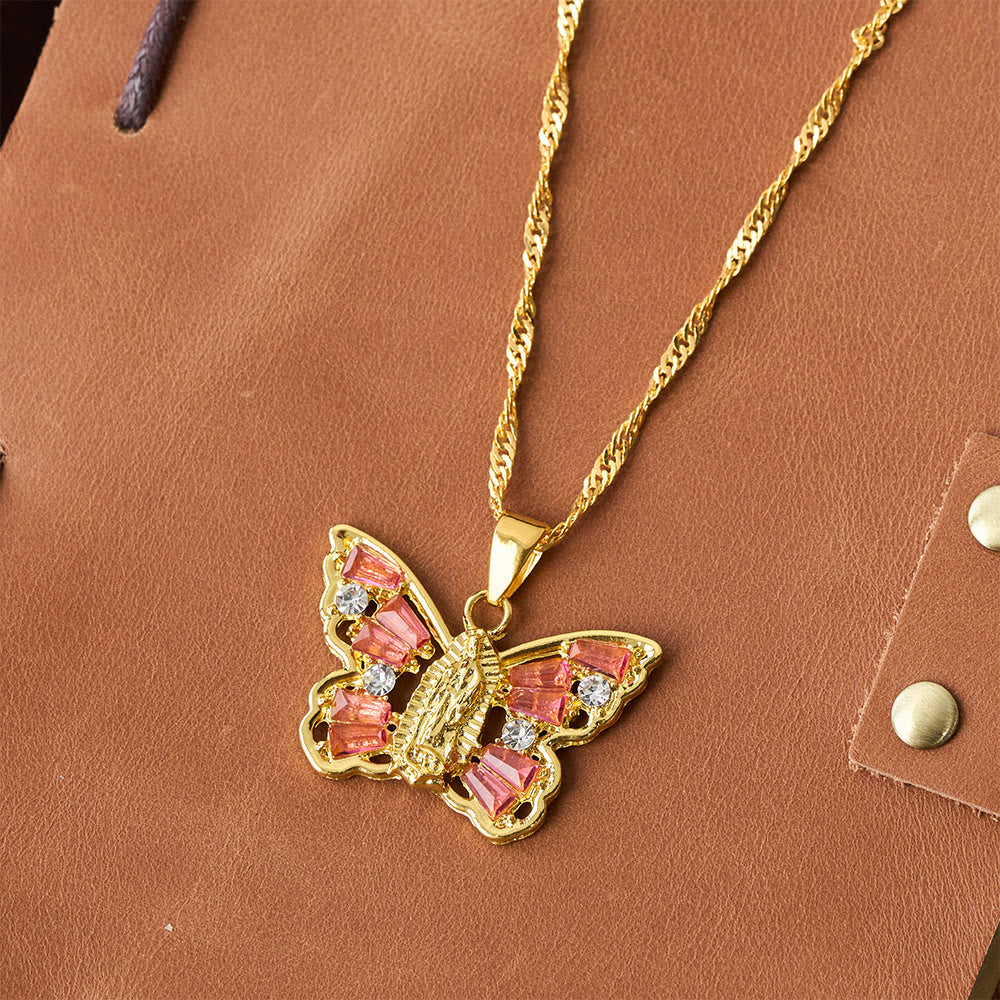 Spiritual Rebirth Butterfly Necklace: Our Lady Center & Crystal Wing Twisted Rope Chain