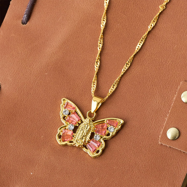 Spiritual Rebirth Butterfly Necklace: Our Lady Center & Crystal Wing Twisted Rope Chain