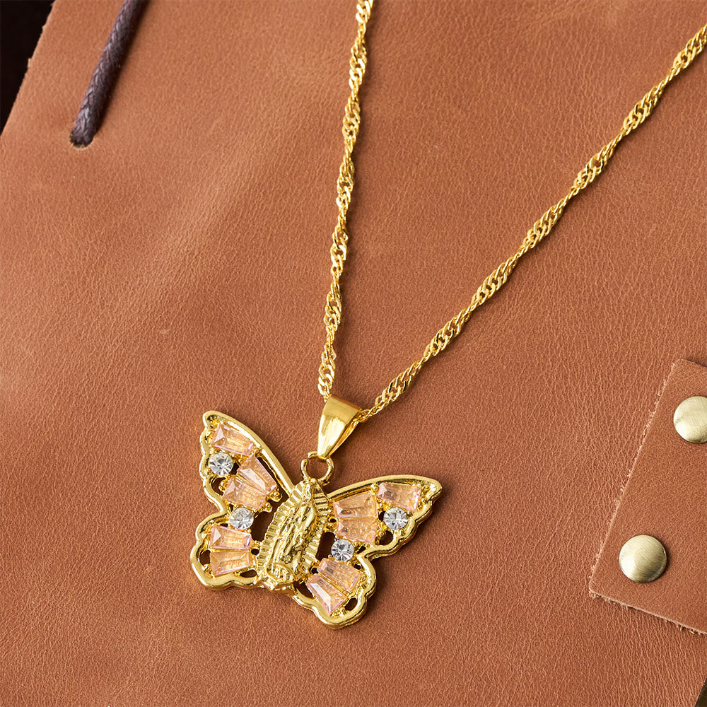 Spiritual Rebirth Butterfly Necklace: Our Lady Center & Crystal Wing Twisted Rope Chain
