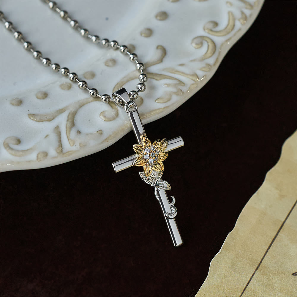 Silver-Toned Cross Pendant Necklace with Golden Floral & Leaf Detailing