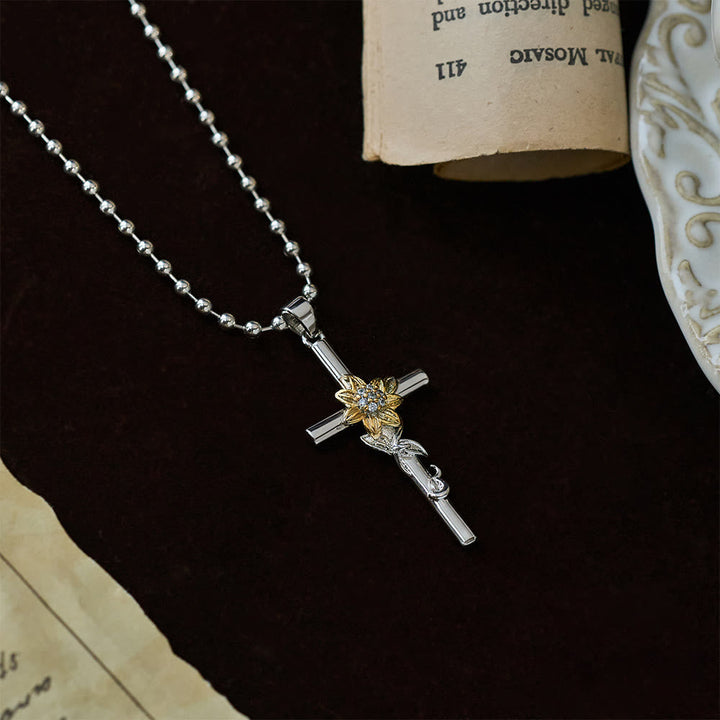 Silver-Toned Cross Pendant Necklace with Golden Floral & Leaf Detailing