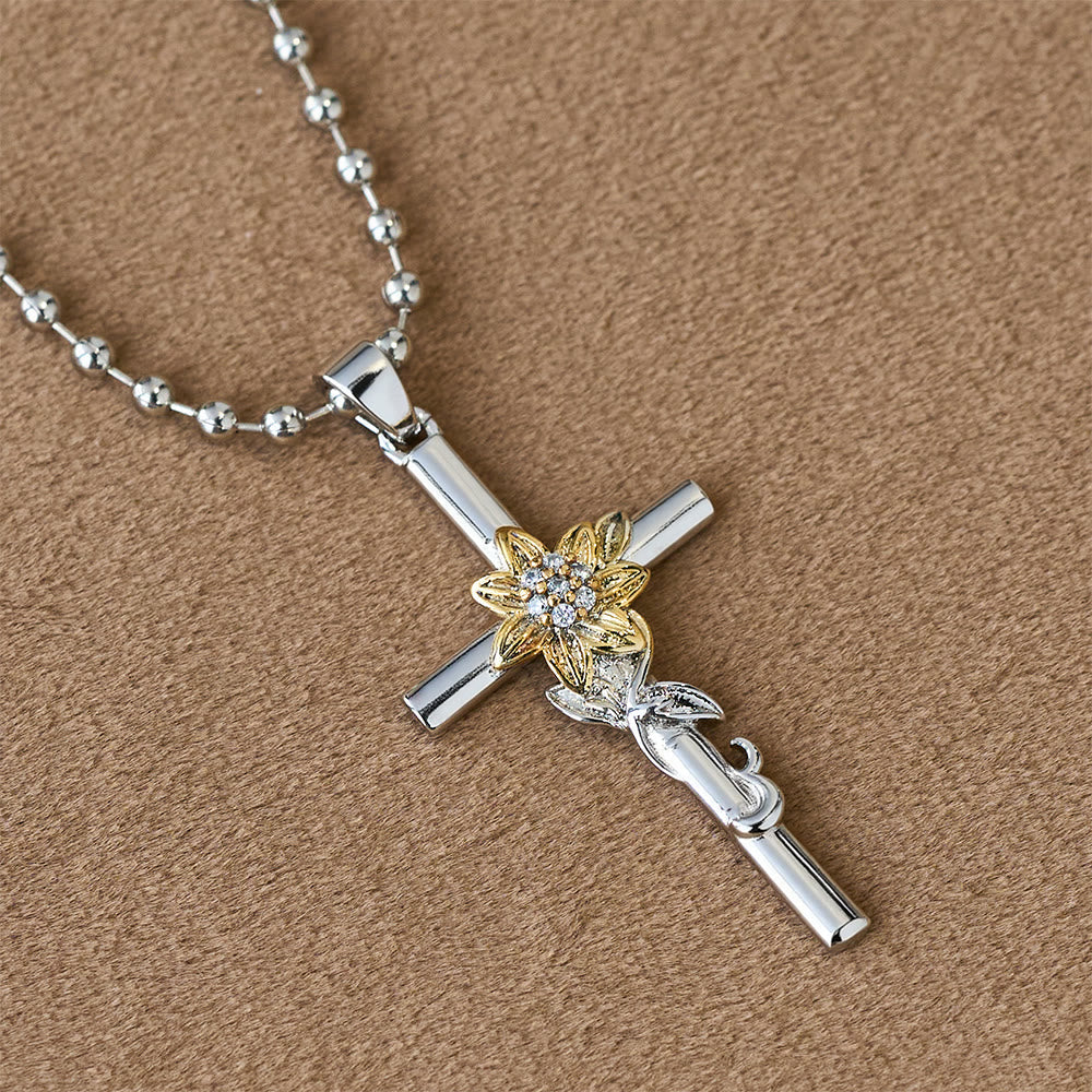 Silver-Toned Cross Pendant Necklace with Golden Floral & Leaf Detailing