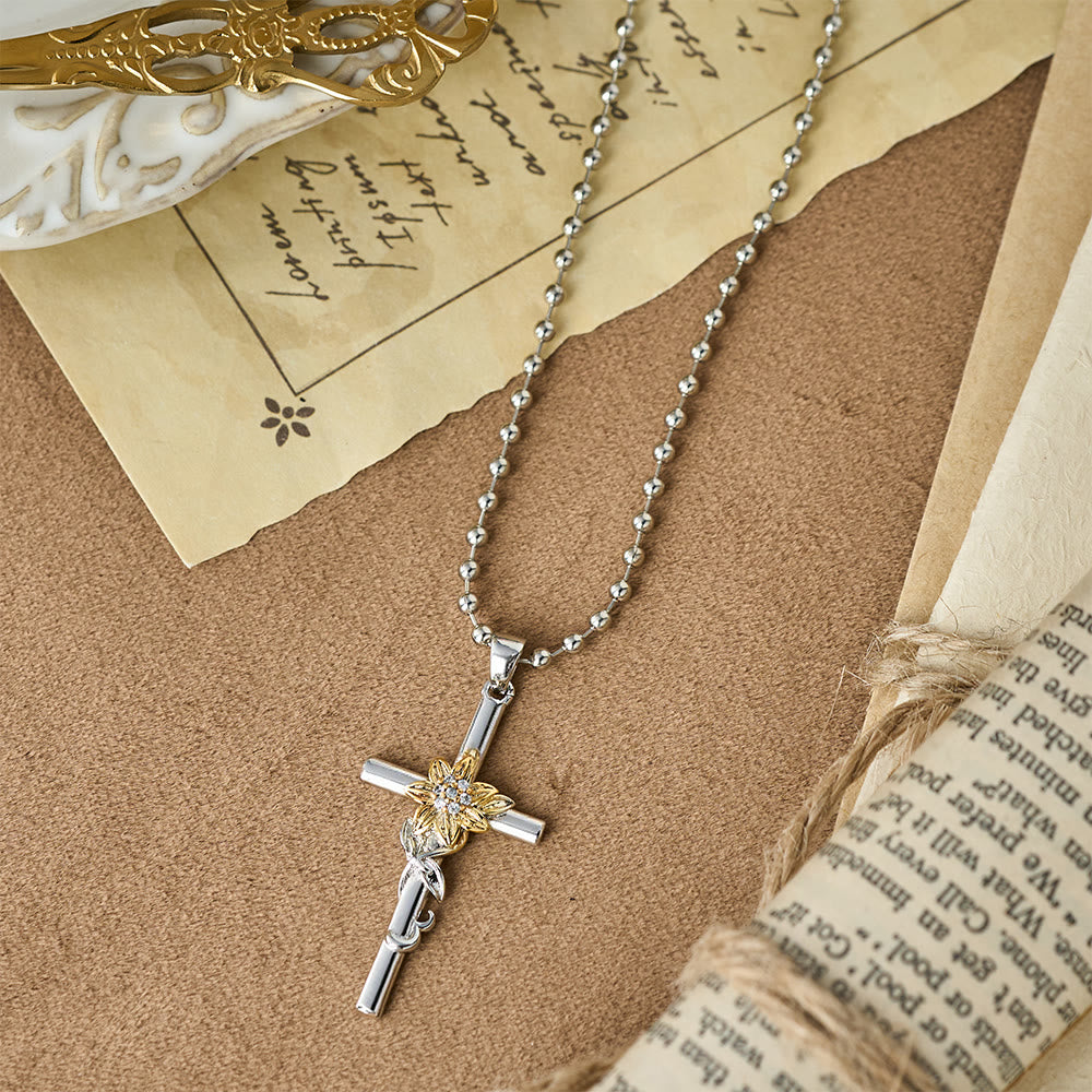 Silver-Toned Cross Pendant Necklace with Golden Floral & Leaf Detailing