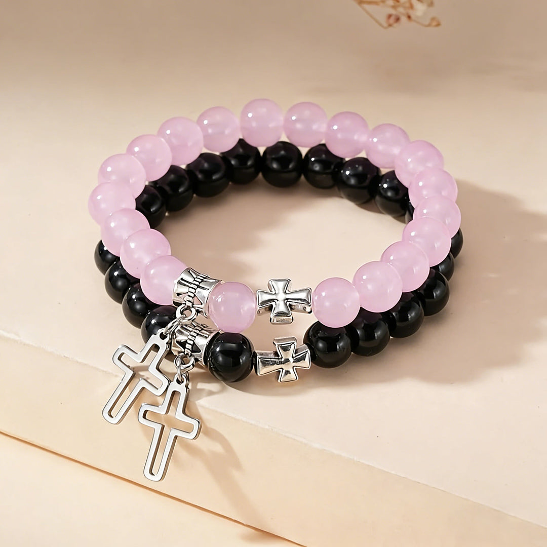 Dual-Tone Cross Charm Bead Bracelet Set: A Symbol of Faith in Every Wear