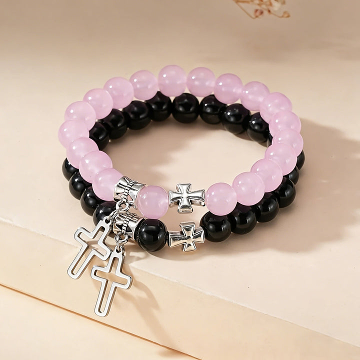 Dual-Tone Cross Charm Bead Bracelet Set: A Symbol of Faith in Every Wear