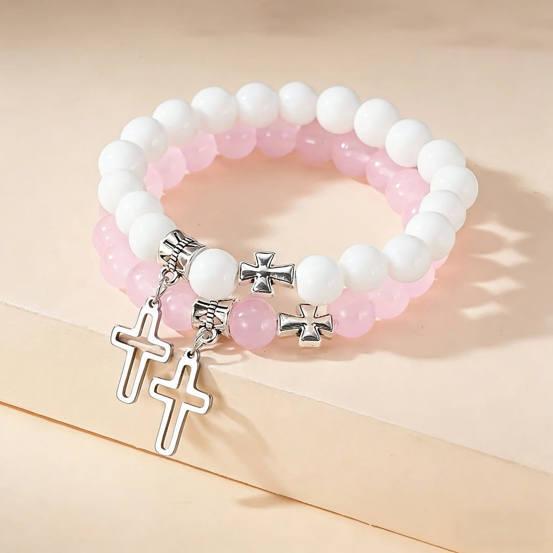 Dual-Tone Cross Charm Bead Bracelet Set: A Symbol of Faith in Every Wear