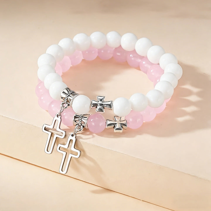 Dual-Tone Cross Charm Bead Bracelet Set: A Symbol of Faith in Every Wear
