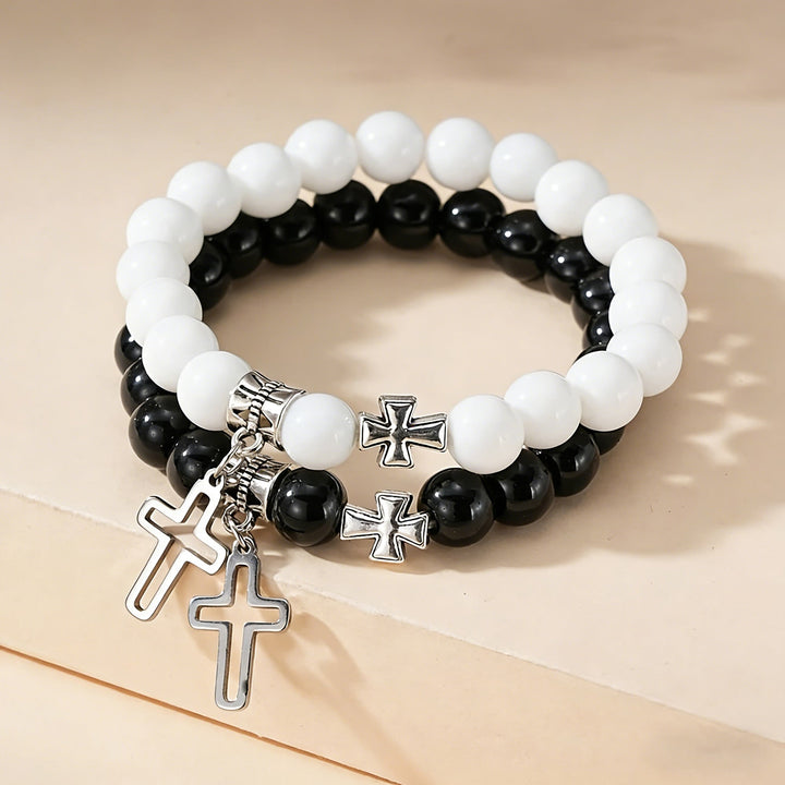 Dual-Tone Cross Charm Bead Bracelet Set: A Symbol of Faith in Every Wear