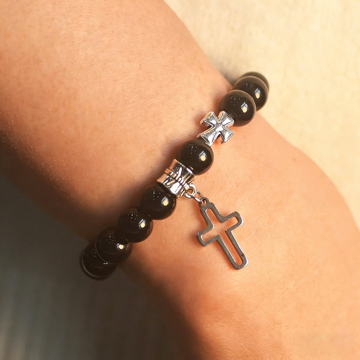Dual-Tone Cross Charm Bead Bracelet Set: A Symbol of Faith in Every Wear