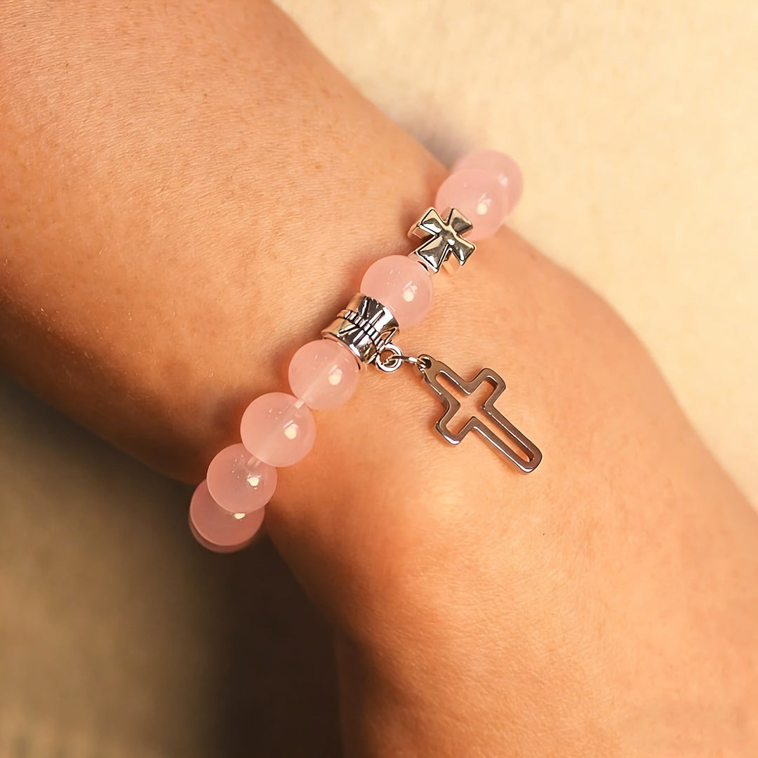 Dual-Tone Cross Charm Bead Bracelet Set: A Symbol of Faith in Every Wear