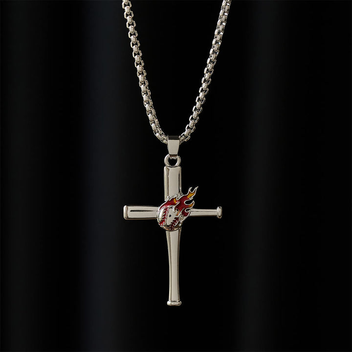 Philippians 4:13 Baseball Cross Necklace with Flame Detail: A Symbol of Divine Strength & Athletic Faith