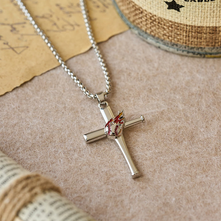 Philippians 4:13 Baseball Cross Necklace with Flame Detail: A Symbol of Divine Strength & Athletic Faith