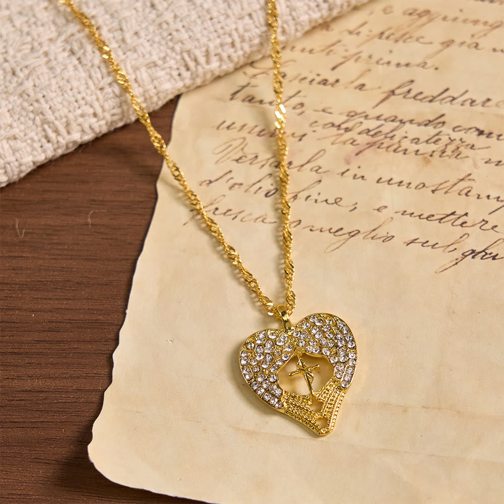 Zircon-Encrusted Heart Cross Necklace with Angel Wings: A Symbol of Divine Love & Grace