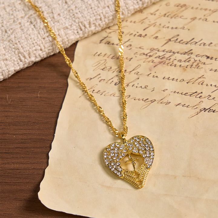 Zircon-Encrusted Heart Cross Necklace with Angel Wings: A Symbol of Divine Love & Grace