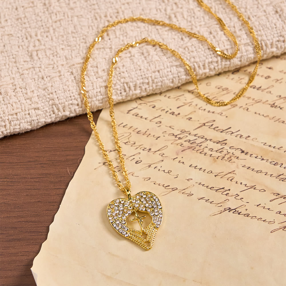 Zircon-Encrusted Heart Cross Necklace with Angel Wings: A Symbol of Divine Love & Grace