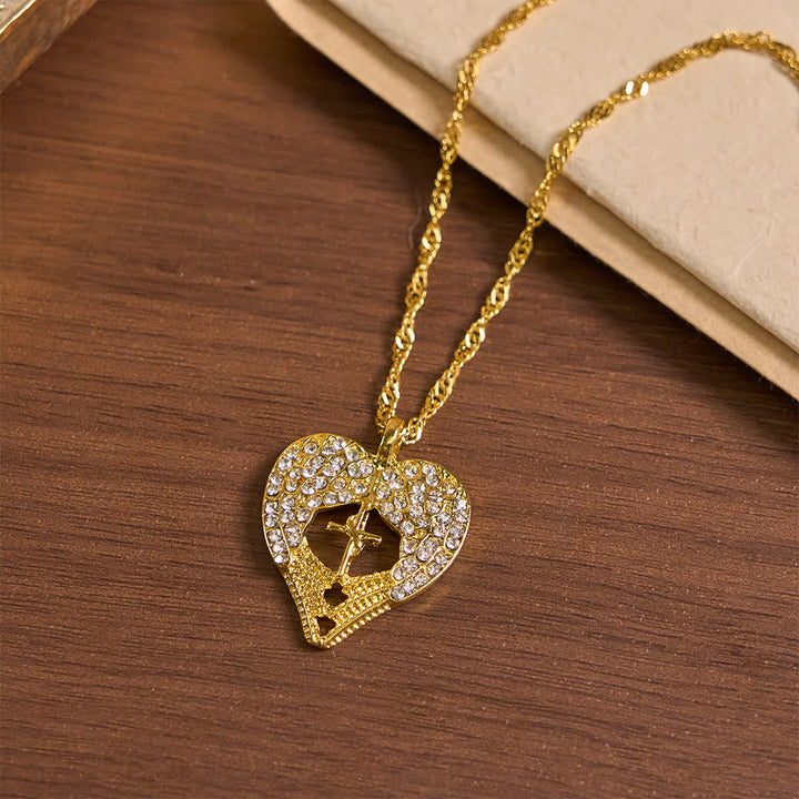 Zircon-Encrusted Heart Cross Necklace with Angel Wings: A Symbol of Divine Love & Grace