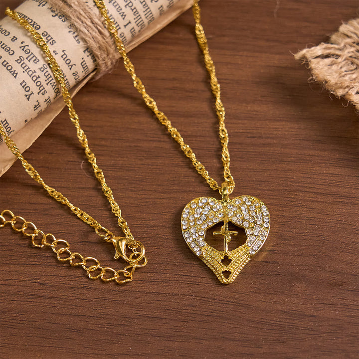 Zircon-Encrusted Heart Cross Necklace with Angel Wings: A Symbol of Divine Love & Grace