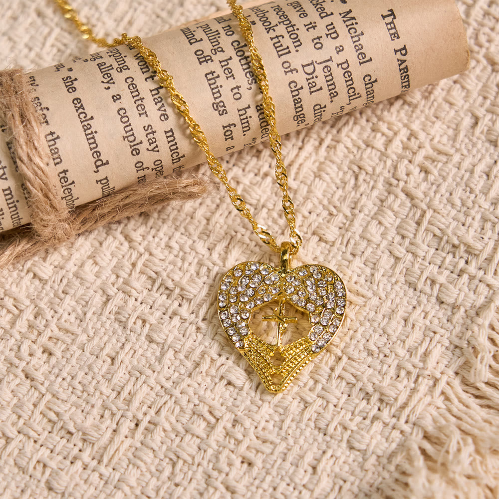 Zircon-Encrusted Heart Cross Necklace with Angel Wings: A Symbol of Divine Love & Grace