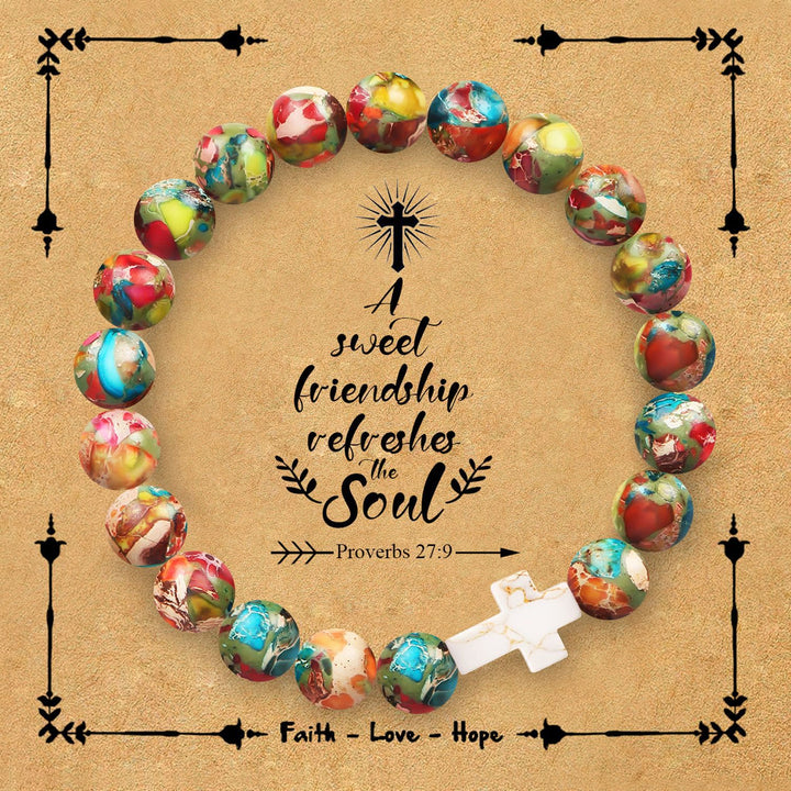 Natural Stone Cross Bracelet with Proverbs 27:9 Card: A Symbol of Divine Friendship & Grace