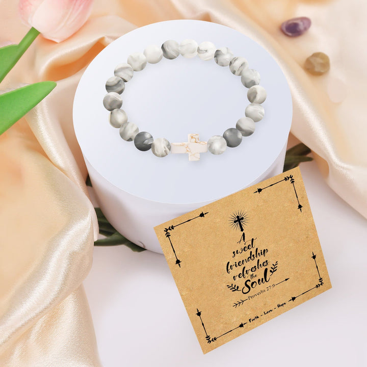 Natural Stone Cross Bracelet with Proverbs 27:9 Card: A Symbol of Divine Friendship & Grace