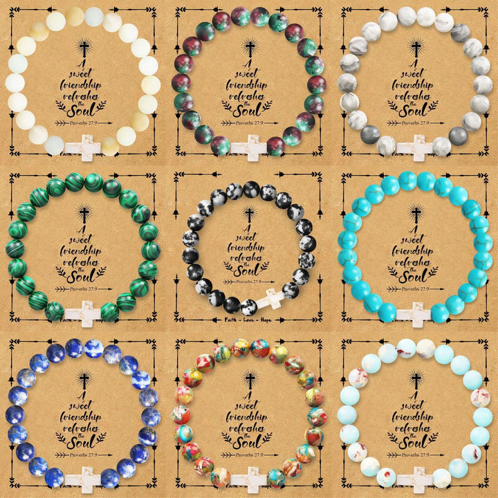 Natural Stone Cross Bracelet with Proverbs 27:9 Card: A Symbol of Divine Friendship & Grace