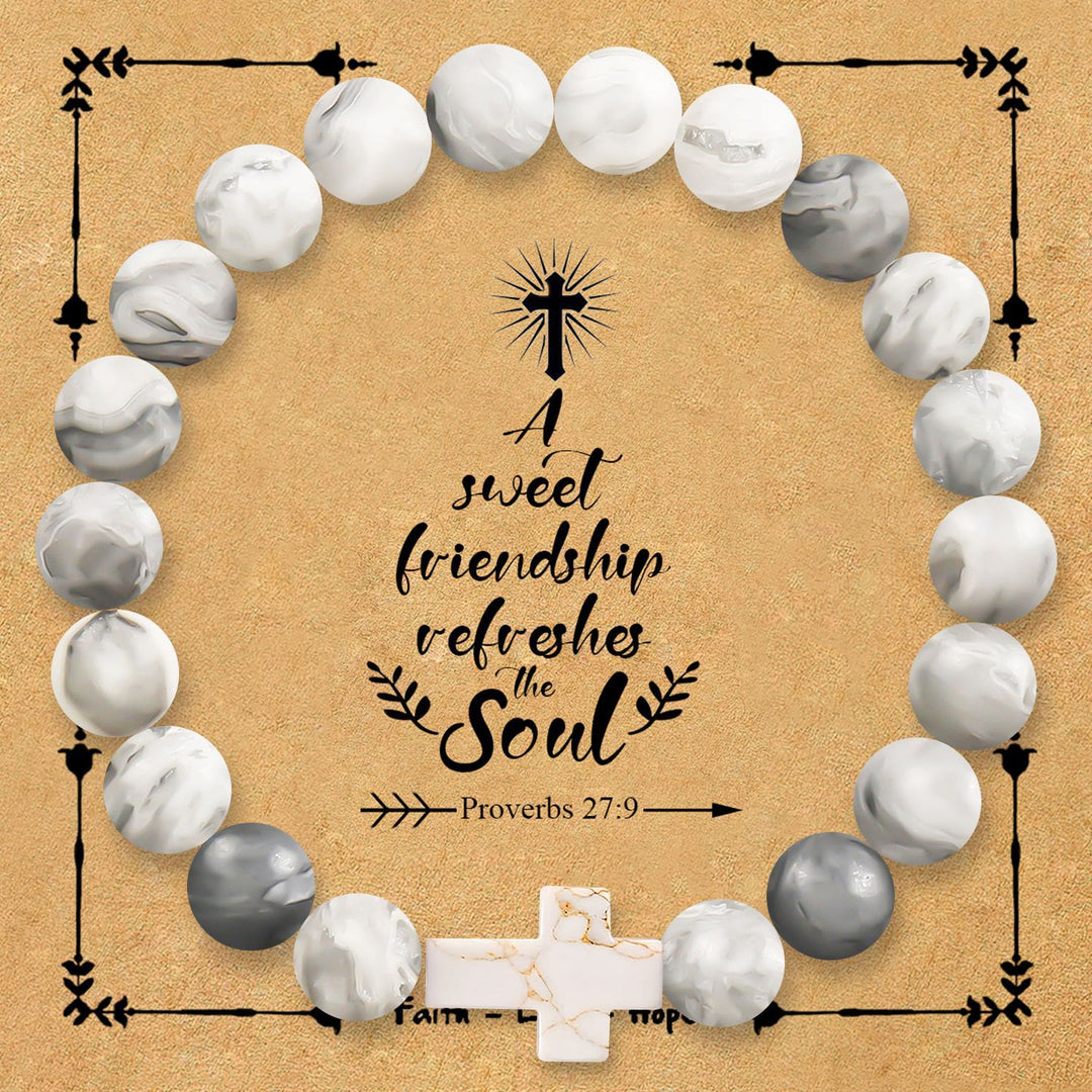 Natural Stone Cross Bracelet with Proverbs 27:9 Card: A Symbol of Divine Friendship & Grace