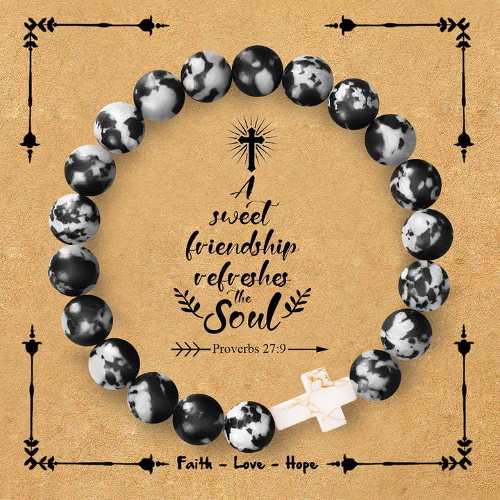 Natural Stone Cross Bracelet with Proverbs 27:9 Card: A Symbol of Divine Friendship & Grace