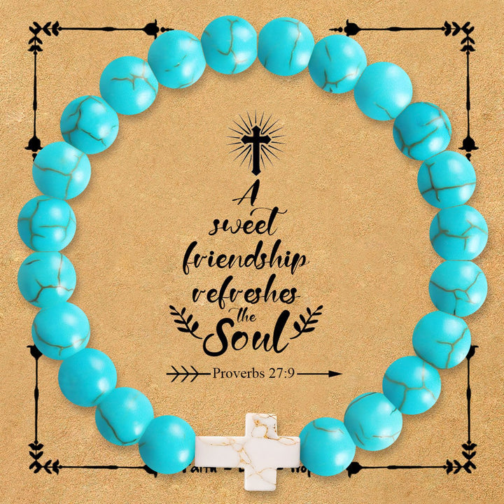 Natural Stone Cross Bracelet with Proverbs 27:9 Card: A Symbol of Divine Friendship & Grace
