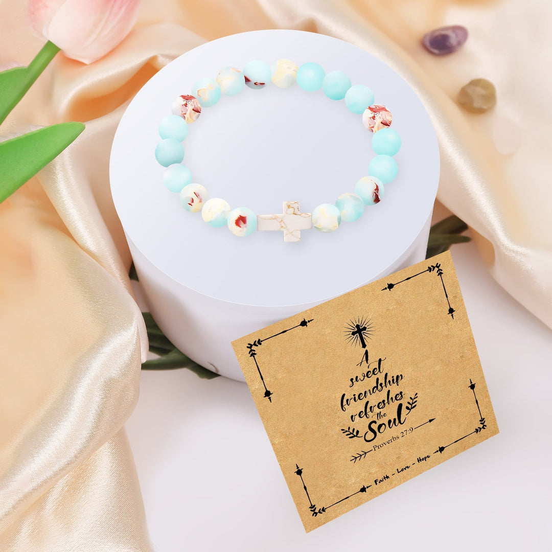 Natural Stone Cross Bracelet with Proverbs 27:9 Card: A Symbol of Divine Friendship & Grace