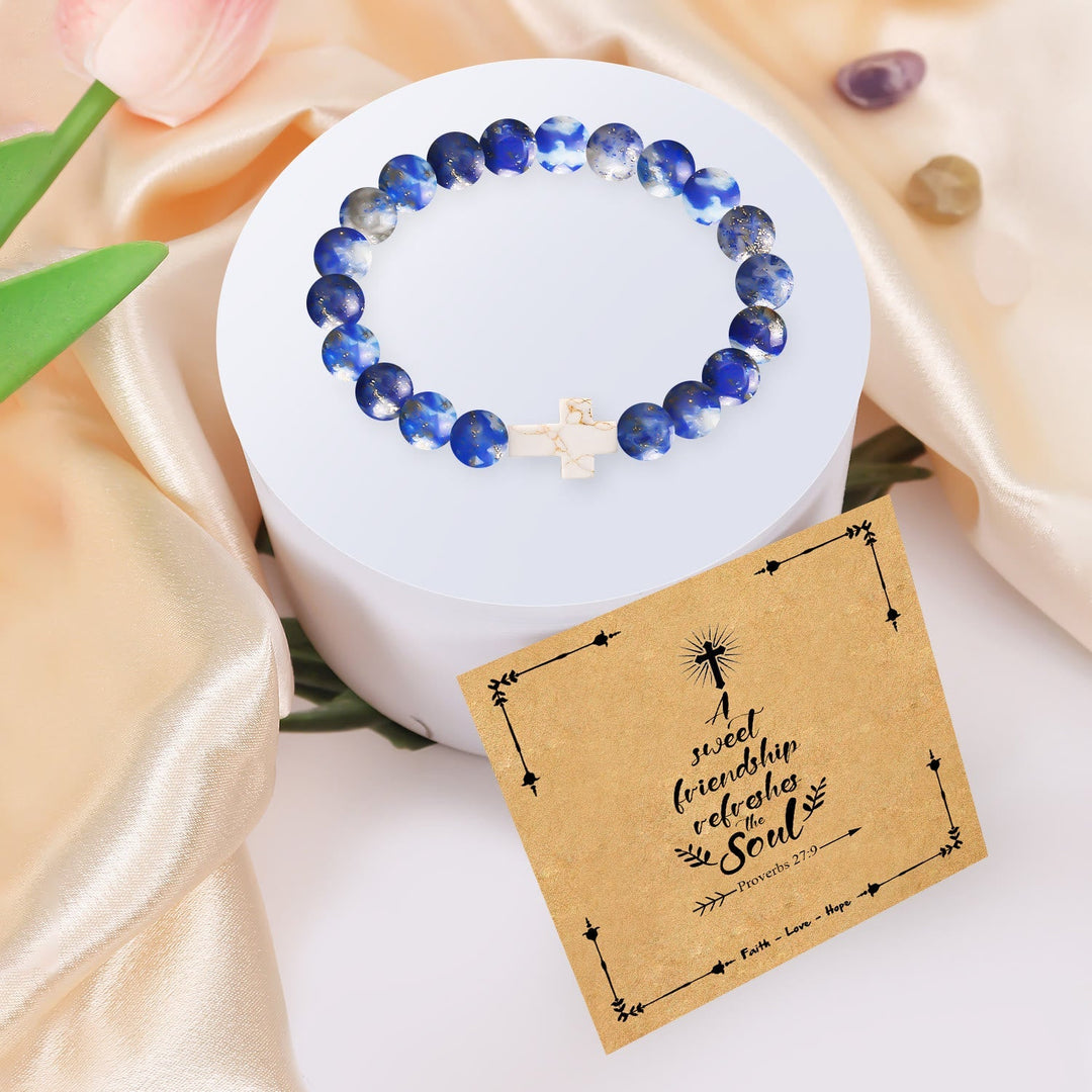 Natural Stone Cross Bracelet with Proverbs 27:9 Card: A Symbol of Divine Friendship & Grace