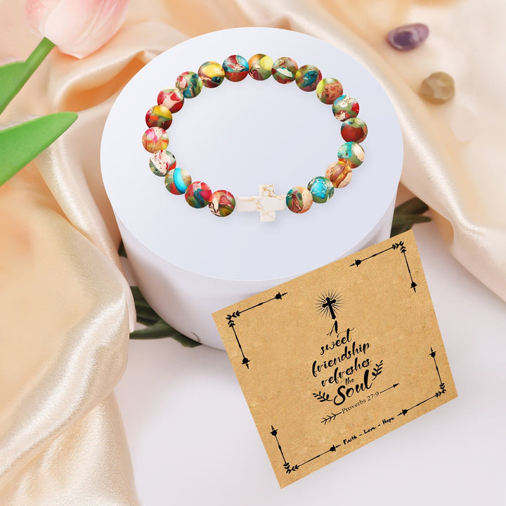 Natural Stone Cross Bracelet with Proverbs 27:9 Card: A Symbol of Divine Friendship & Grace