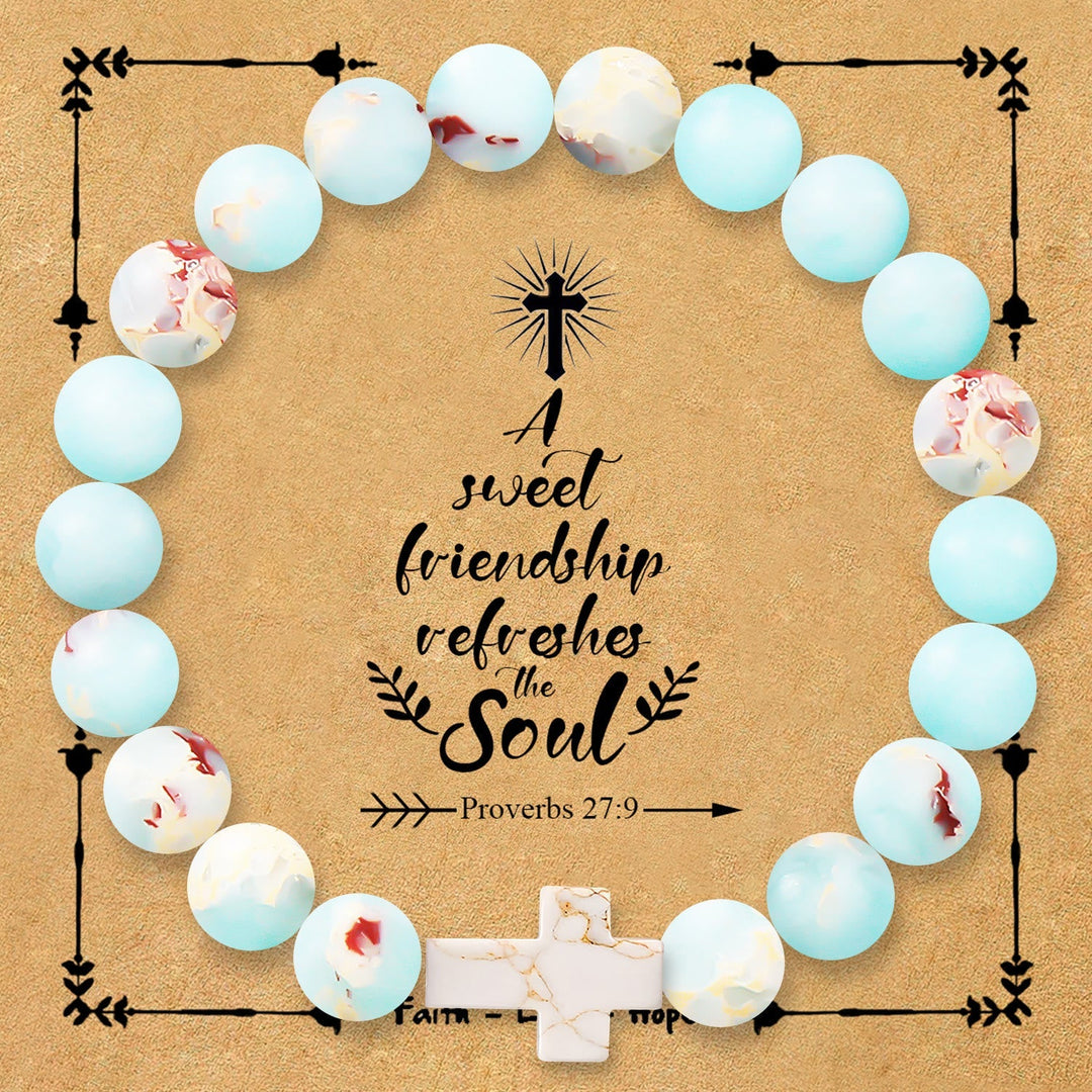 Natural Stone Cross Bracelet with Proverbs 27:9 Card: A Symbol of Divine Friendship & Grace
