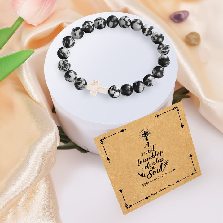 Natural Stone Cross Bracelet with Proverbs 27:9 Card: A Symbol of Divine Friendship & Grace