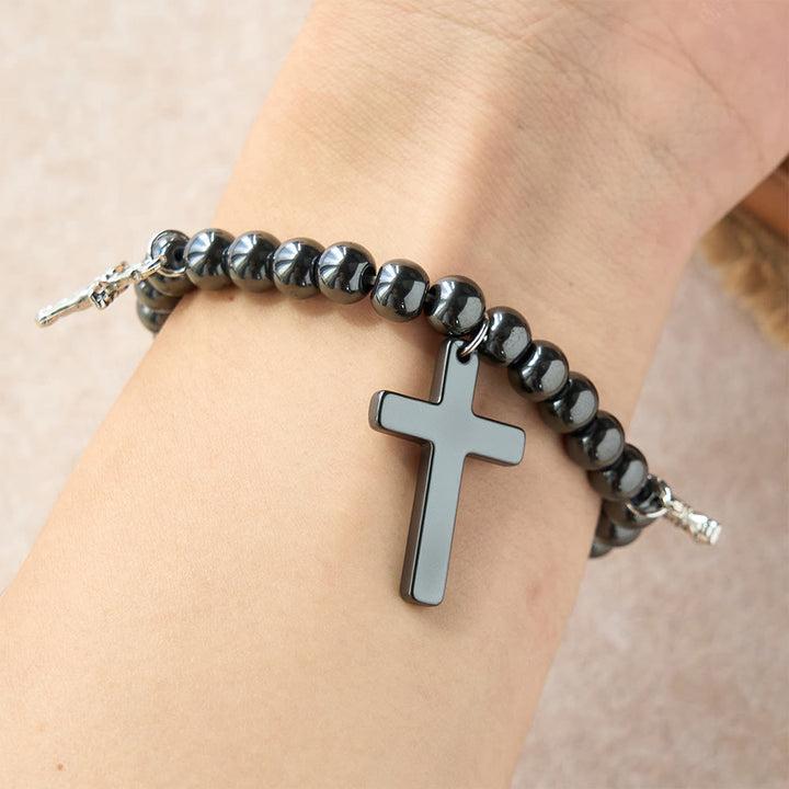 Hematite Bead Cross Bracelet with Mini Crucifix Charms: A Symbol of Divine Protection & Faith