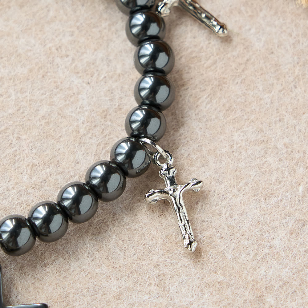 Hematite Bead Cross Bracelet with Mini Crucifix Charms: A Symbol of Divine Protection & Faith