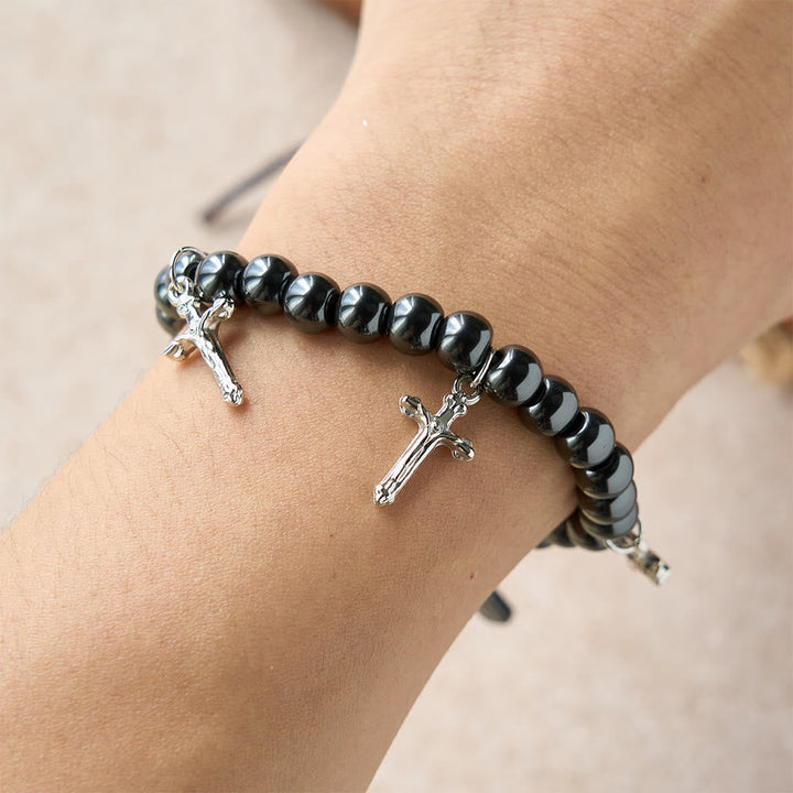 Hematite Bead Cross Bracelet with Mini Crucifix Charms: A Symbol of Divine Protection & Faith