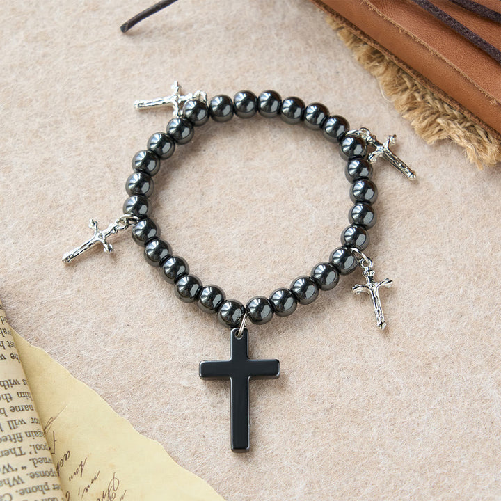 Hematite Bead Cross Bracelet with Mini Crucifix Charms: A Symbol of Divine Protection & Faith